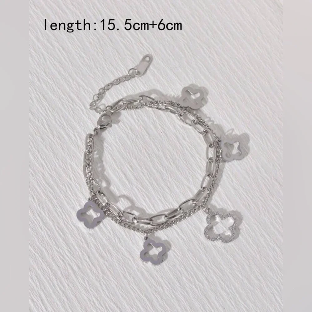 Elegant Silver Bracelet with Motif Flower Charms Double Chain